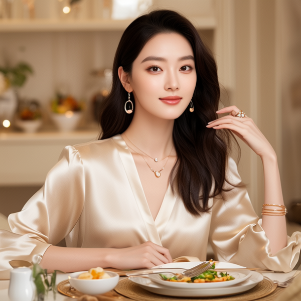 生活瞬间，美女，韩系美女，丝绸，美妆广告，家庭餐桌，4K超清，写实风格，温馨，柔和室内光，细腻皮肤，项链，耳环，手链。