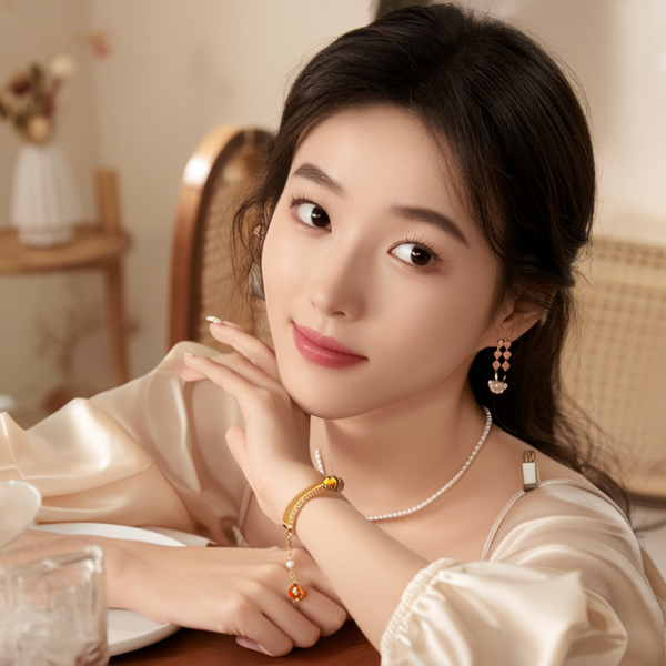 生活瞬间，美女，韩系美女，丝绸，美妆广告，家庭餐桌，4K超清，写实风格，温馨，柔和室内光，细腻皮肤，项链，耳环，手链。