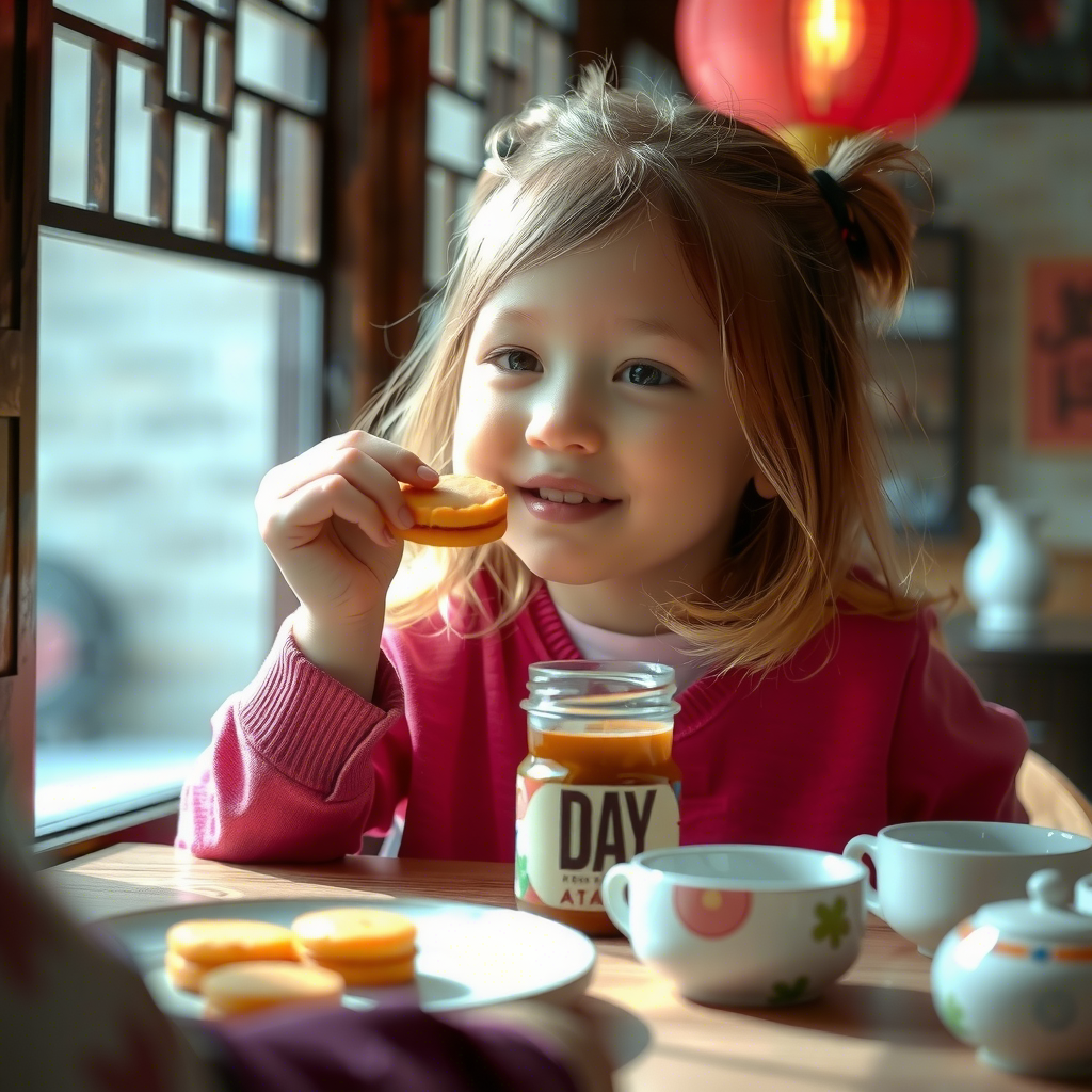 坐在桌子前吃月饼的小女孩儿